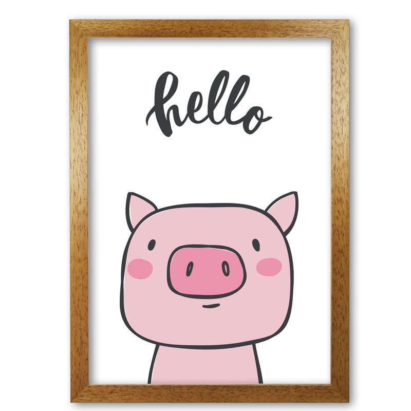 Hello Pig - Painting, 85 cm H x 60 cm W x 5 cm D, Honey Oak Frame