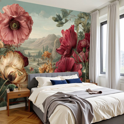 Papier peint adhésif rétro rétro-éclairé paysage rétro onirique H 100 po x l 144 po, papier peint amovible en PVC pour chambre à coucher, bureau à domicile