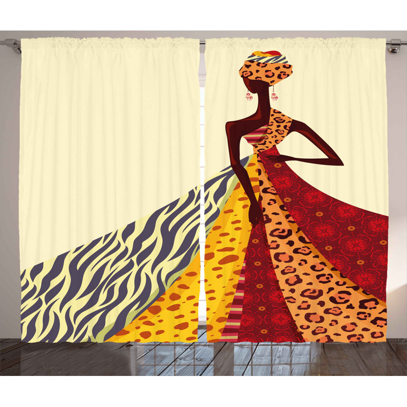 African Girl Décor Graphic Print Semi-Sheer Rod Pocket Curtain Panels, 54" W x 90" L