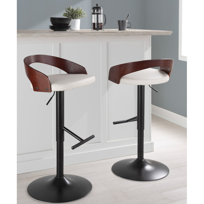 Laurenzio Adjustable Bar Stool with Straight T Footrest, White, Black/Mahogany