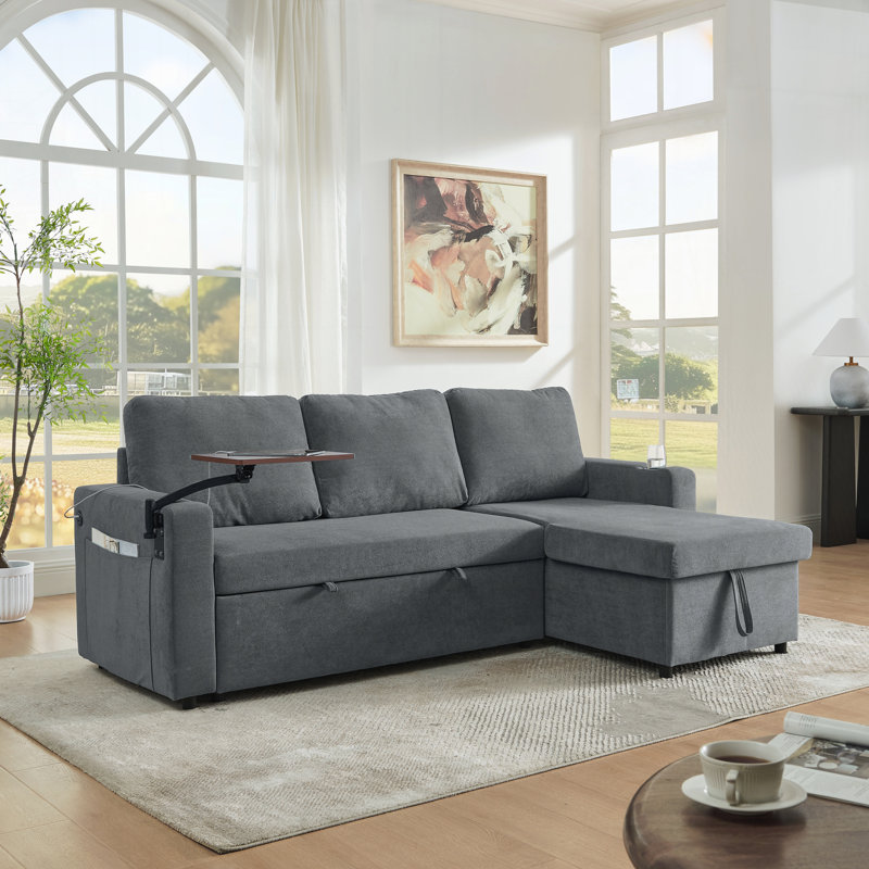 Canapé-lit moderne en chenille multifonctionnel avec table rétractable et éclairage DEL, Chenille grise