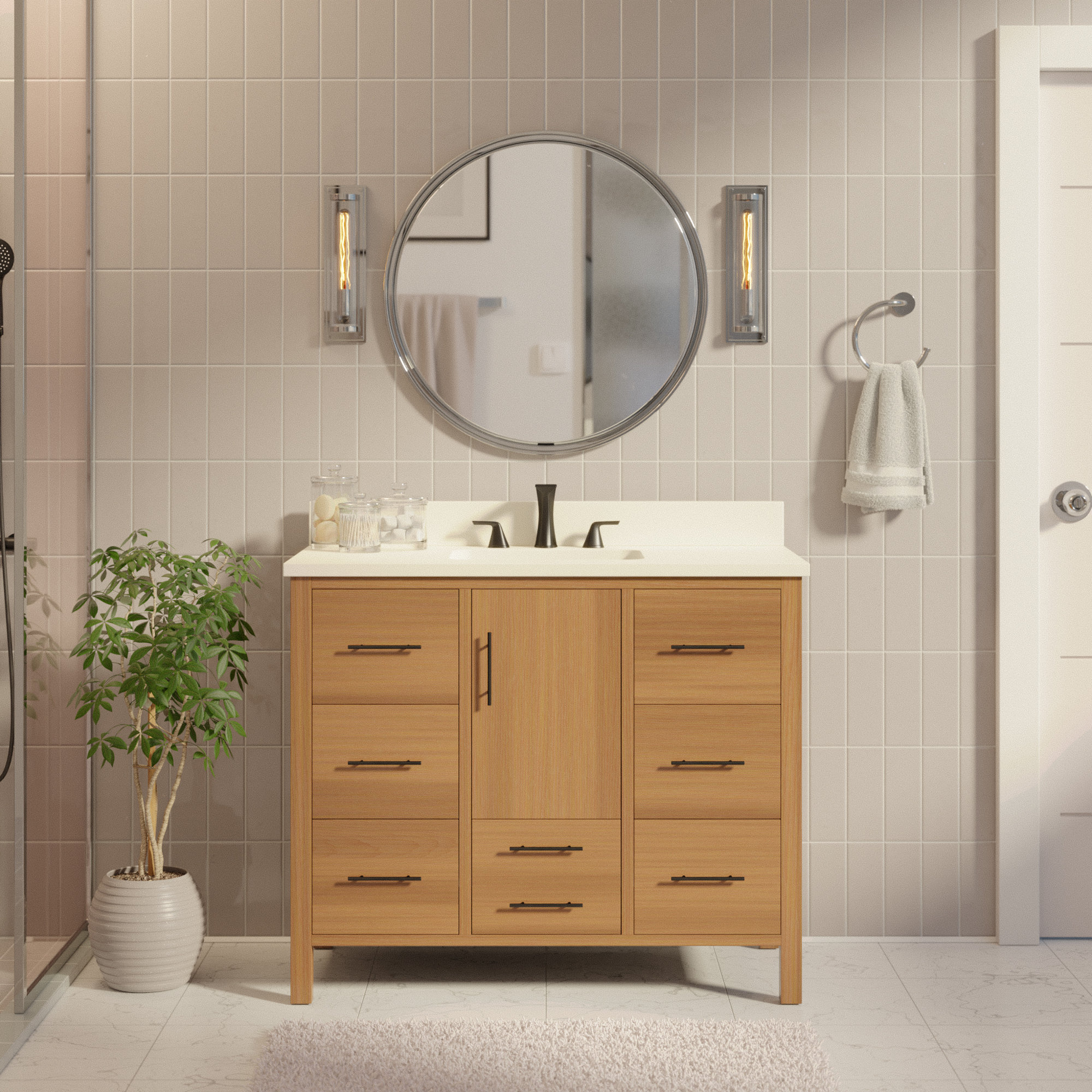 Kiara 42'' Single Bathroom Vanity, Matte White, Blonde