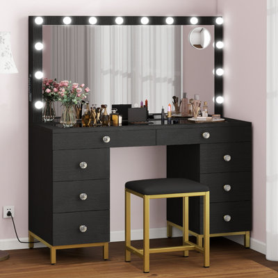 45.5" Vanity Table Set With Lighted Mirror & Charging Station & Stool by Mercer41