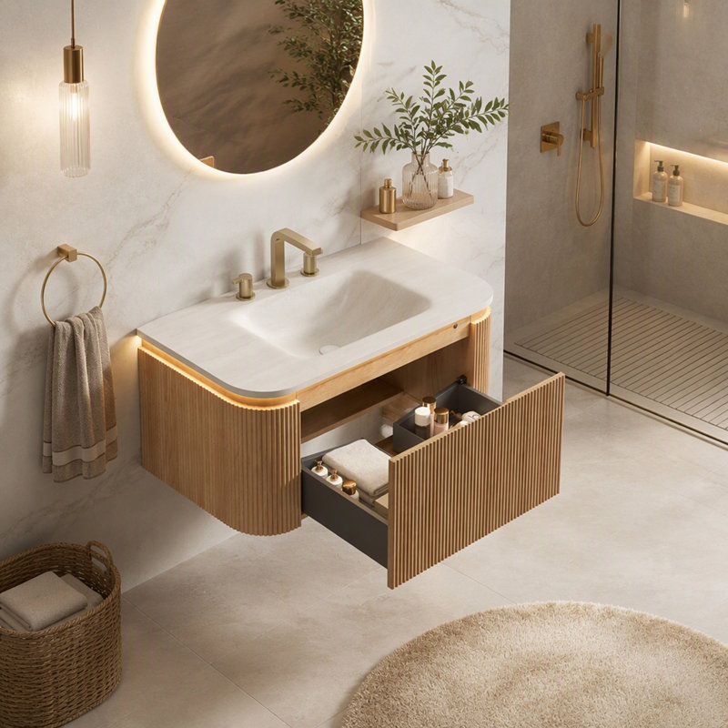 Meuble-lavabo flottant avec lavabo intégré chaud, éclairage à DEL activé par capteur, armoire à grain de bois rayé, tiroir à fermeture en douceur et surface en pierre frittée pré-assemblée.
