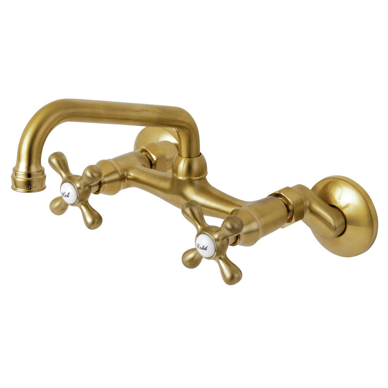 Kingston Brass Kingston Double-Handle 2-Hole Wall-Mount Bridge Kitchen Faucet, Satin Brass