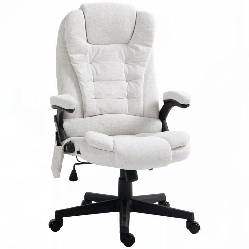 HOMCOM 6 Point Vibrating Massage Office Chair with Heat,Linen High Back Executive Office Chair with Reclining Backrest,Padded Armrests and Remote,Cream White
