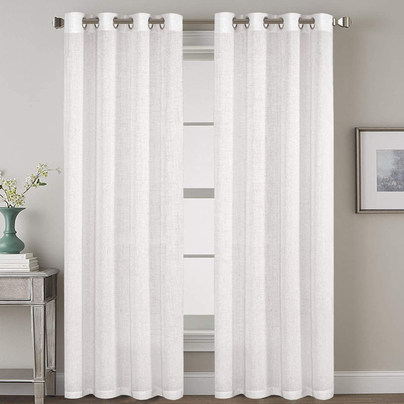 Lyla Linen Solid Color Bedroom Privacy Window Drapes Energy Saving Light Filtering Sheer Woven Linen Elegant Grommet 2 Curtain Panels , Purewhite