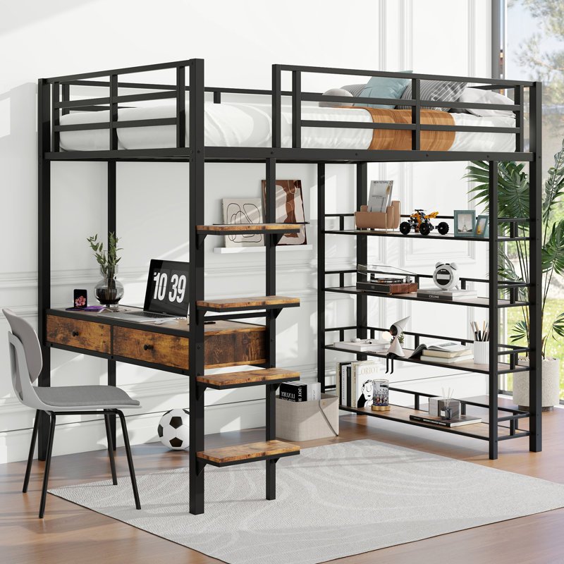 Lit mezzanine avec bureau et tablettes, noir, Lit double