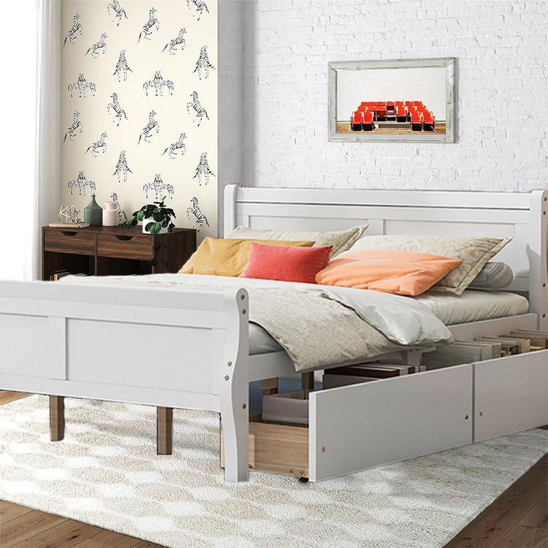 Lit plateforme en bois Alizia, 4 tiroirs, tête et pied de lit profilés, blanc , Grand