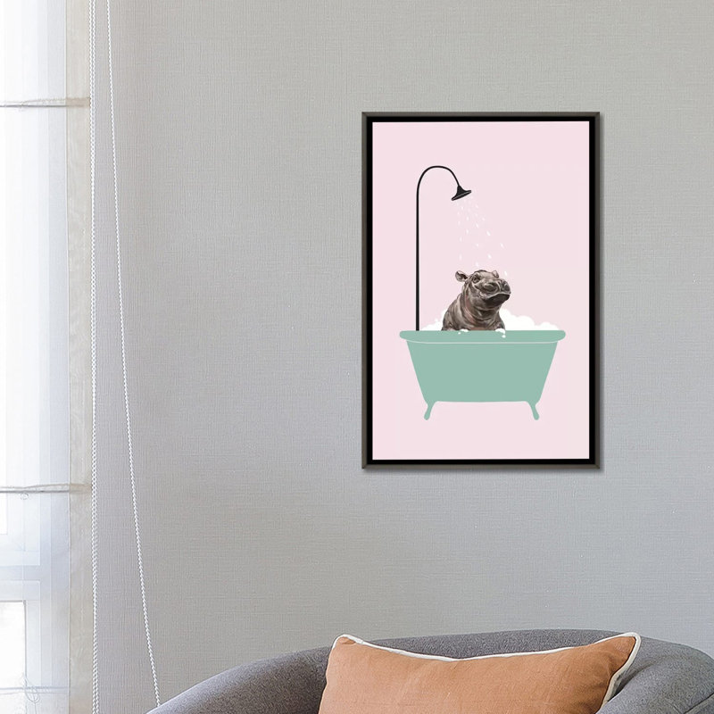 Hippopotame dans une baignoire, art encadré, H 48 po x l 32 po x P 1,5 po, Toile encadrée de bois rustique foncé