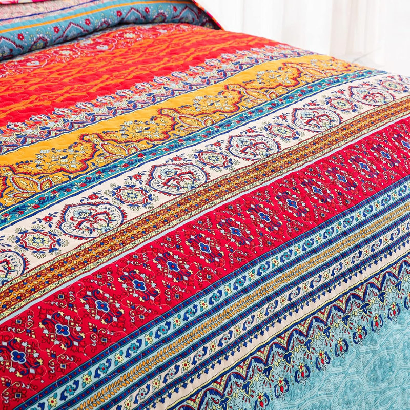 Ensemble de courtepointe Boho, couvre-lit 3 pièces en microfibre légère à rayures
