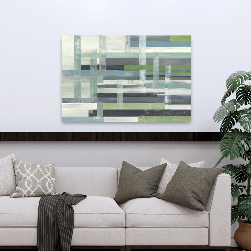 Motif géométrique abstrait à carreaux vert, H 32 po x l 48 po