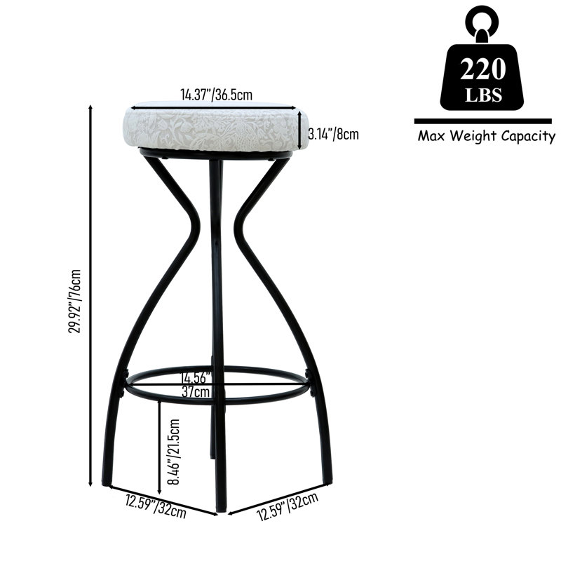 Set Of 2 Upholstered Round Bar Stools, 29'' Counter Height, With Footrest For Kitchen And Dining Room (Black & White) | Gift Idea