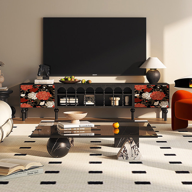 Meuble télé avec rangement peint français rétro, H 21,26 po x L 86,61 po x l 15,75 po, Noir