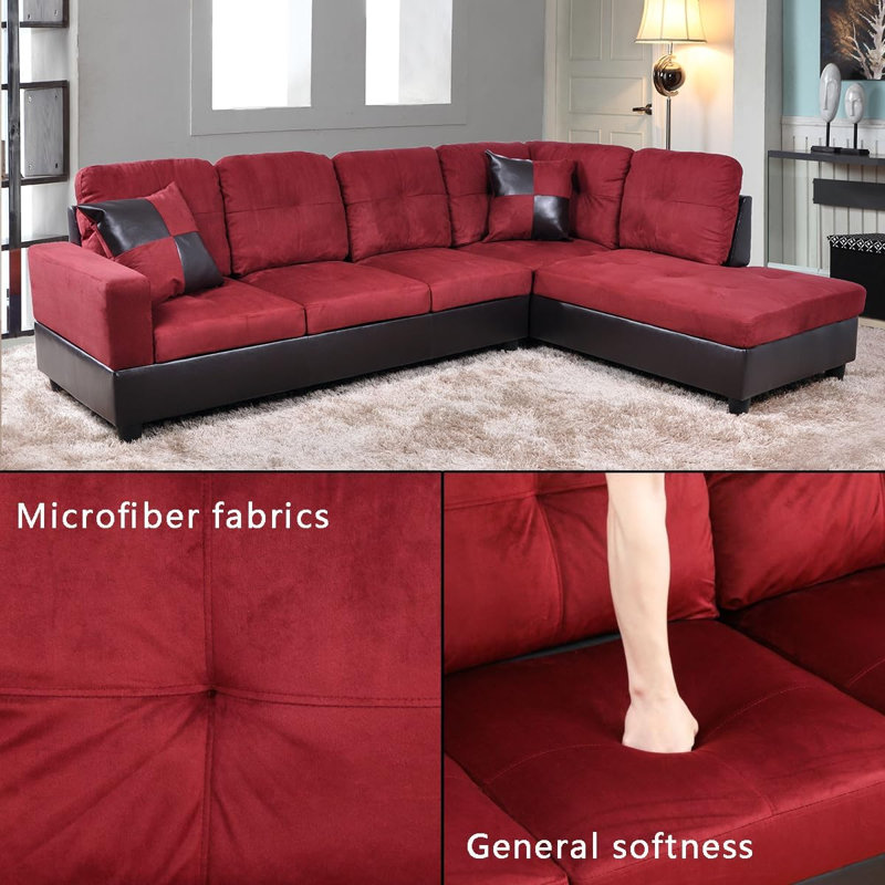 Lemley Upholstered L-Shaped Sectional, Red Faux Leather, Right Hand Facing