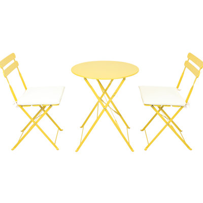 3 Pieces Yellow Patio Bistro Furniture , Metal Chair Table, Strong And Build, Rust-, Foldable Design For Space, Easy Maintenance, Cushions In Yellow, With Rust- Frame, Fashionable Design, Space