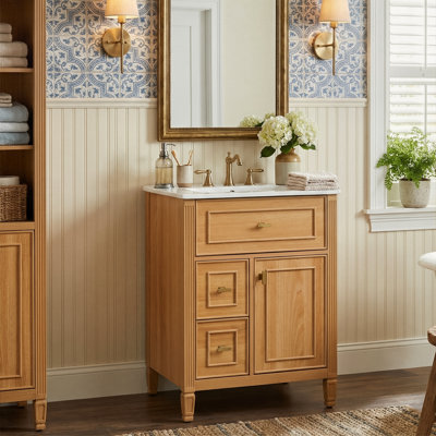 Ensemble de meuble-lavabo 24 po Modern Farmhouse, armoire en bois massif et panneau de fibres à densité moyenne avec poignées dorées, plateau en céramique et rangement à 3 tiroirs