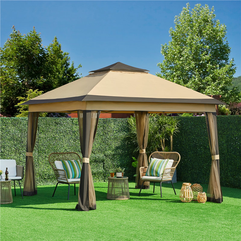 Abri de jardin escamotable de 11 pi x 11 pi avec 4 parois latérales en filet, Kaki / Brun