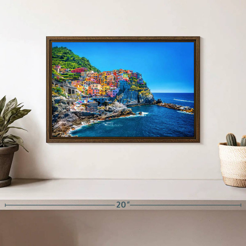Cinque Terre, bord de mer, 13 po x 9 po, Cadre flottant noyer