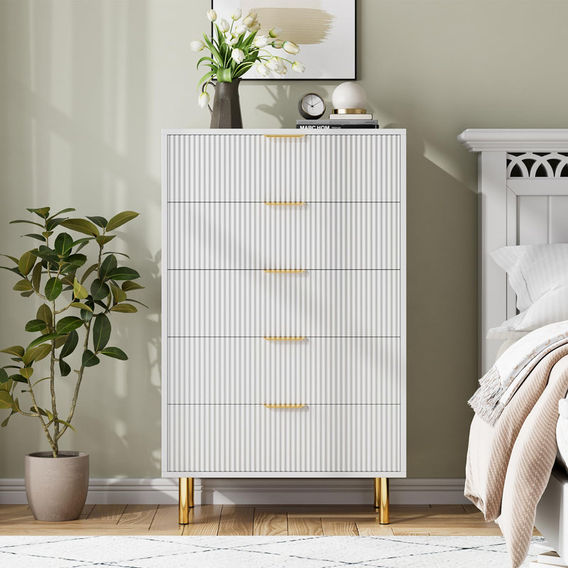 Commode 5 tiroirs pour la chambre à coucher, commode haute 48 po, rangement pour commode moderne en bois, Blanc
