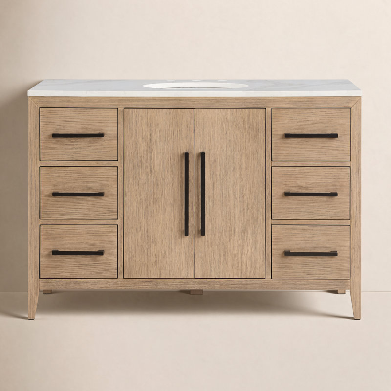 Alsup 48'' Single Bathroom Vanity with Quartz Top, Wire Brushed Oak