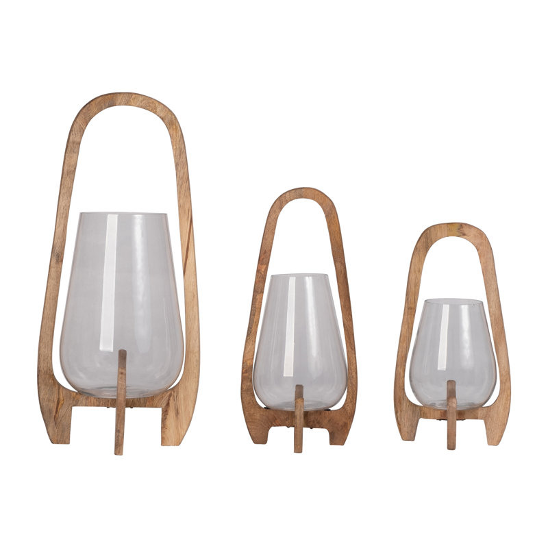 Sculpted Wood Glass Hurricane Lantern, For Decorative Use, Mango Wood and Glass, 18" H x 8" W x 8" D, Natural