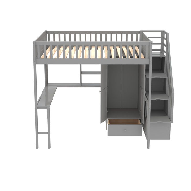 Gunjan Loft Bed with Bookshelf,Drawers,Desk,and Wardrobe, Gray, Full