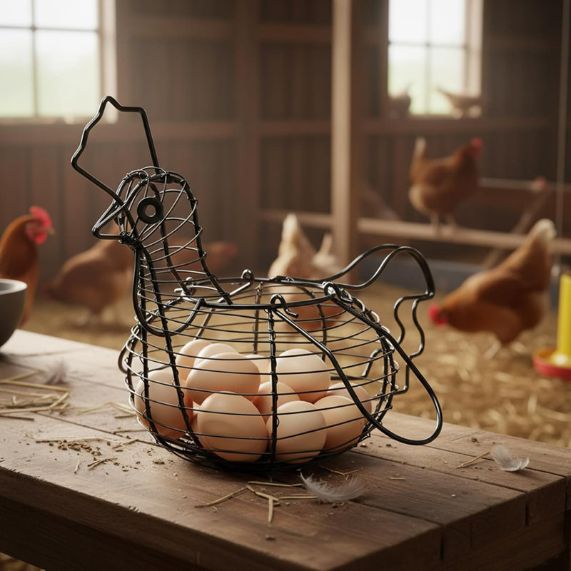 Rustic Chicken Wire Egg Basket, Black Metal Hen-Shaped Kitchen Storage Basket