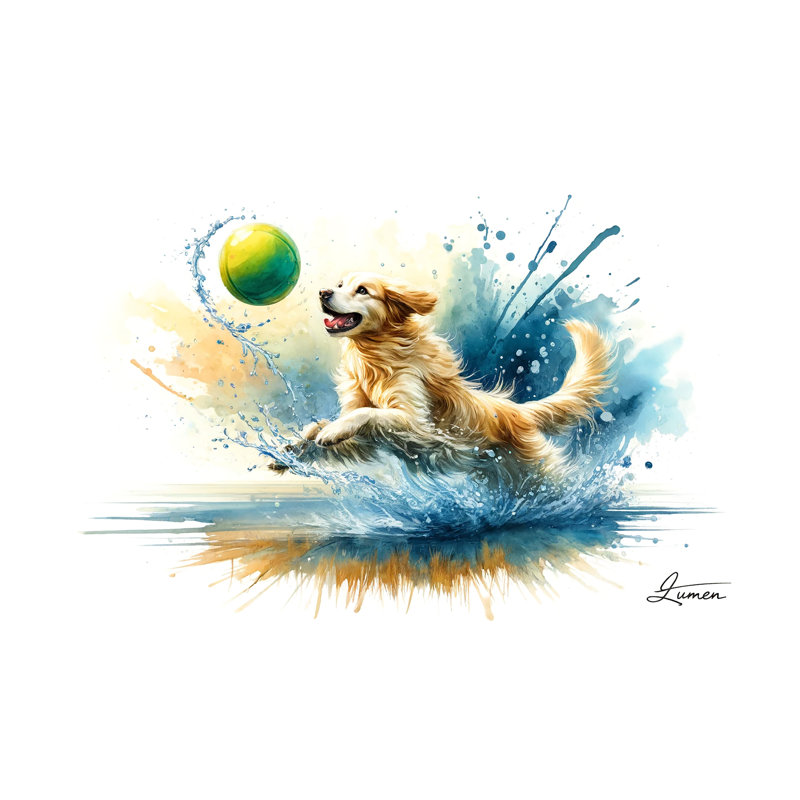 " Leap To Play - Dynamic Canine Splash Watercolor ", 20" H x 35" W x 1.5" D
