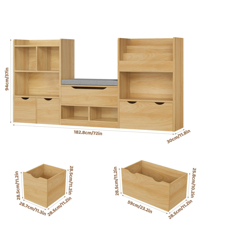 Bibliothèque pour enfants 4 en 1 de 72 po x H 37 po avec 3 tiroirs, coussin moelleux, bibliothèque à 3 couches, coin lecture