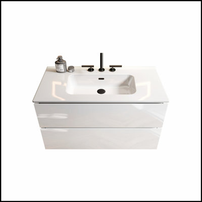Meuble-lavabo mural blanc brillant de 36 pouces avec lavabo en céramique et trois trous de robinet, grand rangement pour salle de bain moderne, pré-assemblé