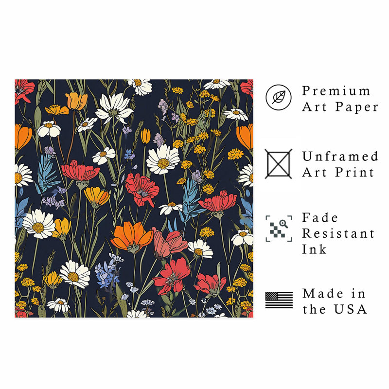 Floral rétro, fleurs sauvages rétro, reproduction d'art non encadrée, H 16 po x l 16 po