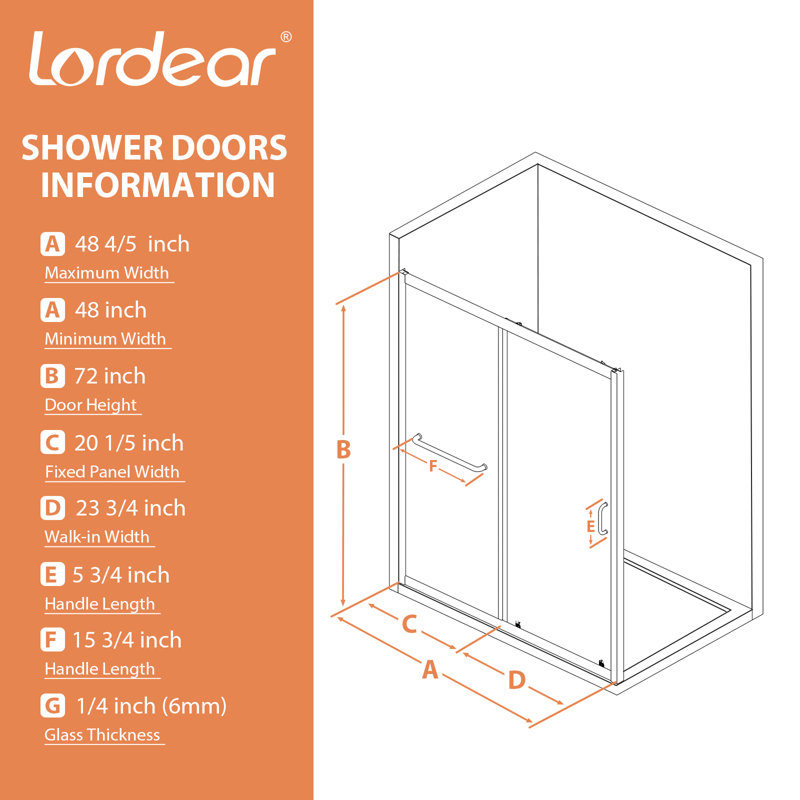 48 Inch Soft Close Frameless Bypass Shower Door Dimension Diagram