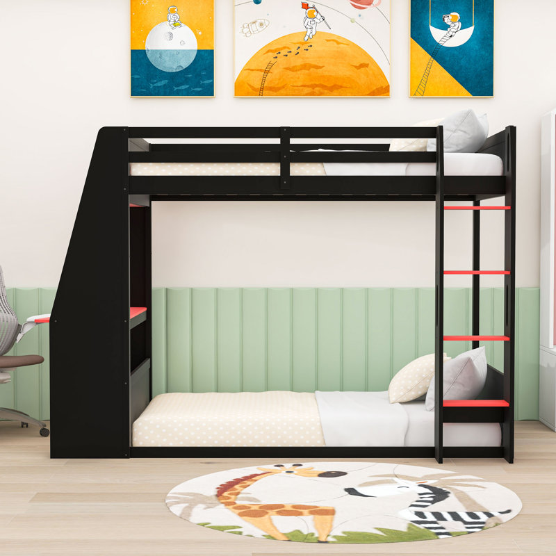 Lit superposé avec bureau, USB, lumières DEL et tablettes de rangement, Simple sur simple, Noir / Rouge