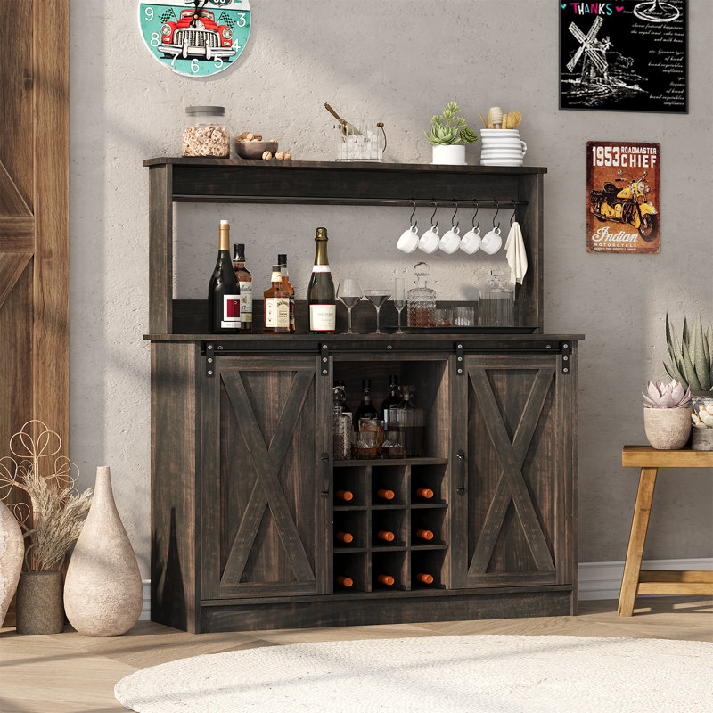 Abrianna Bar Cabinet,Farmhouse Coffee Bar Cabinet with 6 Hooks, 47'' Kitchen Coffee Bar with Hutch and 9 Wink Racks, Oak