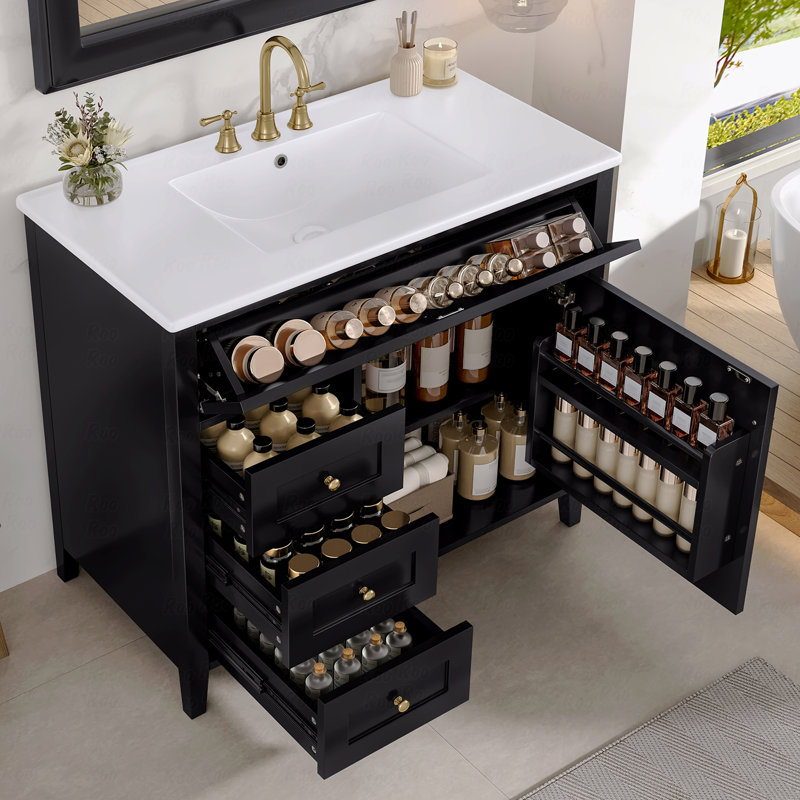 Bathroom Vanity With Sink, Modern Mdf And Rubberwood Cabinet With 3-Drawer And Adjustable Shelf, Freestanding Vanity For Bathroom Storage And Organization