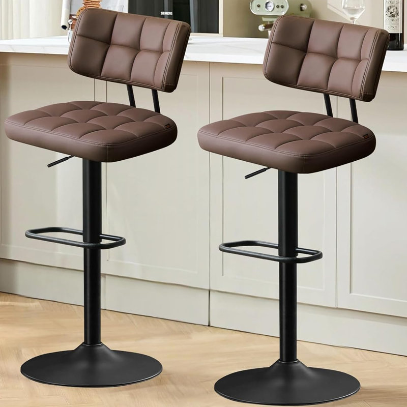 Tabourets de bar pivotants de 19,3 po de largeur, recouverts de similicuir, hauteur de comptoir réglable, avec repose-pieds, coussin épais et dossier incurvé (ensemble de 2)