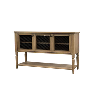 Meuble télé en bois massif avec grille décorative, teinte beige, hauteur 96,5 cm, largeur 48,3 cm, profondeur 157,5 cm, rangements organisés à l'intérieur, partie inférieure ouverte pour la décoration, 3 modèles de portes avant, hauteur et largeur en pouces.