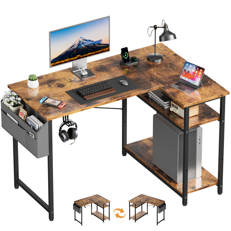 Modular L-Shaped Steel Computer Desk, Brown/Black