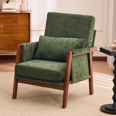  Accent Chair Mid-Century Modern Chair with Lumbar Support Pillow, Upholstered Living Room Chairs with Wooden, Chenille Armchair with Cushion, Comfy Side Chair for Bedroom, Balcony