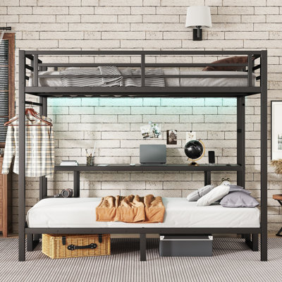 Queen Over Twin XL Metal Bunk Bed with Desk, Shelves, LED, USB Ports, Multi-Use Folding Sofa, Space-Saving Design, Black
