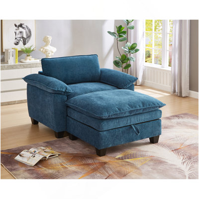 51" Oversize Chaise Lounge Chair With Ottoman And Storage  Upholstered Soft Chenille Blue