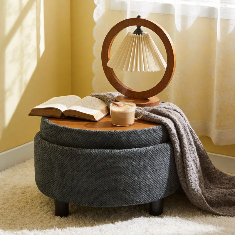 Table basse avec repose-pieds rond de 25 pouces avec plateau et capitonnage gris foncé capitonné avec rangement caché