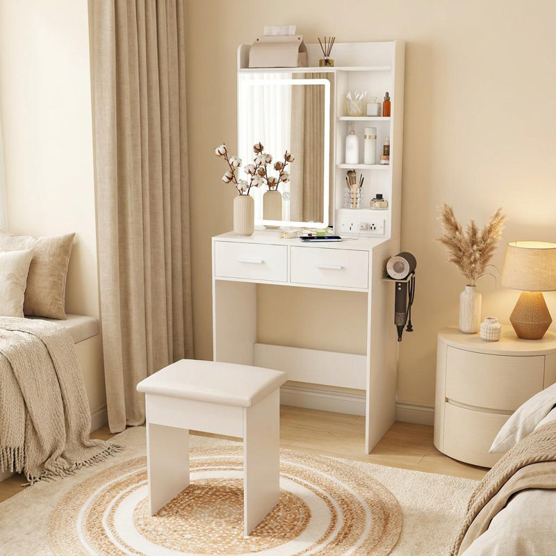 Ensemble de meuble-lavabo blanc compact avec éclairage à DEL réglable, rangement caché, miroir et tabouret rembourré - parfait pour les petites chambres