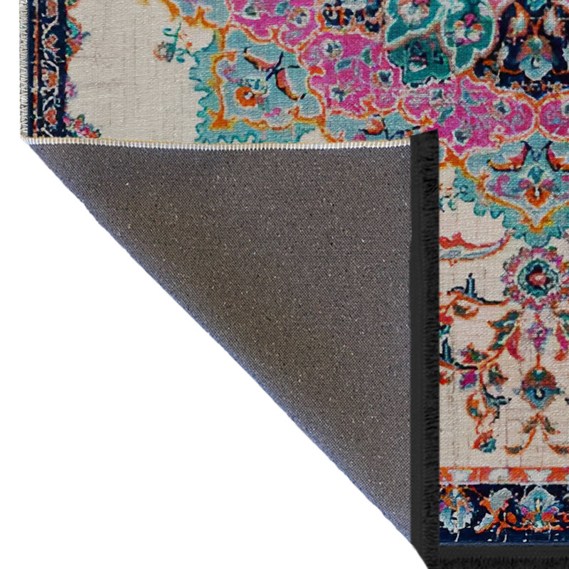 Tapis décoratif rose à motif frangé rose, Rectangle 4 pi 7,12 po x 6 pi 6,74 po