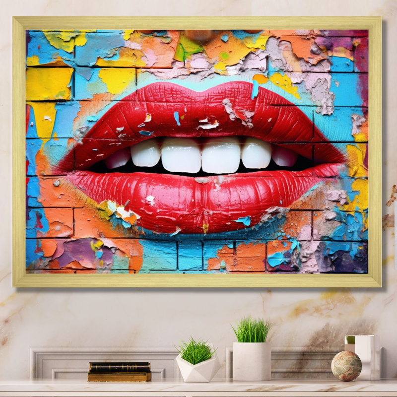 Graffiti sur les lèvres, reproduction sur toile, H 34 po x l 44 po x P 1,5 po, Encadrement doré