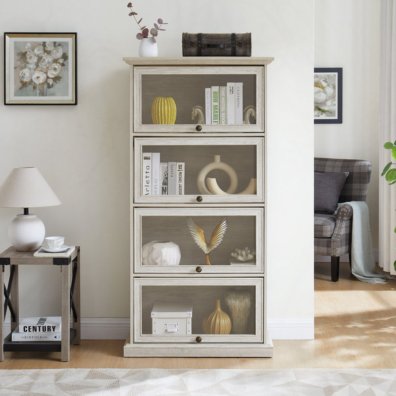 Glass display cabinet 4 Tier Glass Display Cabinet Storage Curio Cabinet with Flip up Glass Doors, White