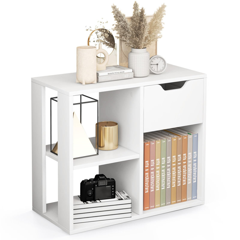 White Modern 3-Cube Bookcase with Drawer and Open Shelves