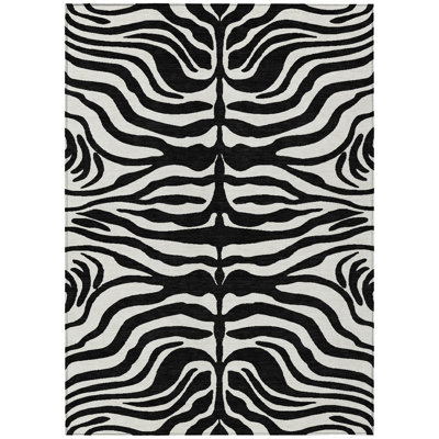 5' X 8' Black And Ivory Animal Print Washable Indoor Outdoor Area Rug