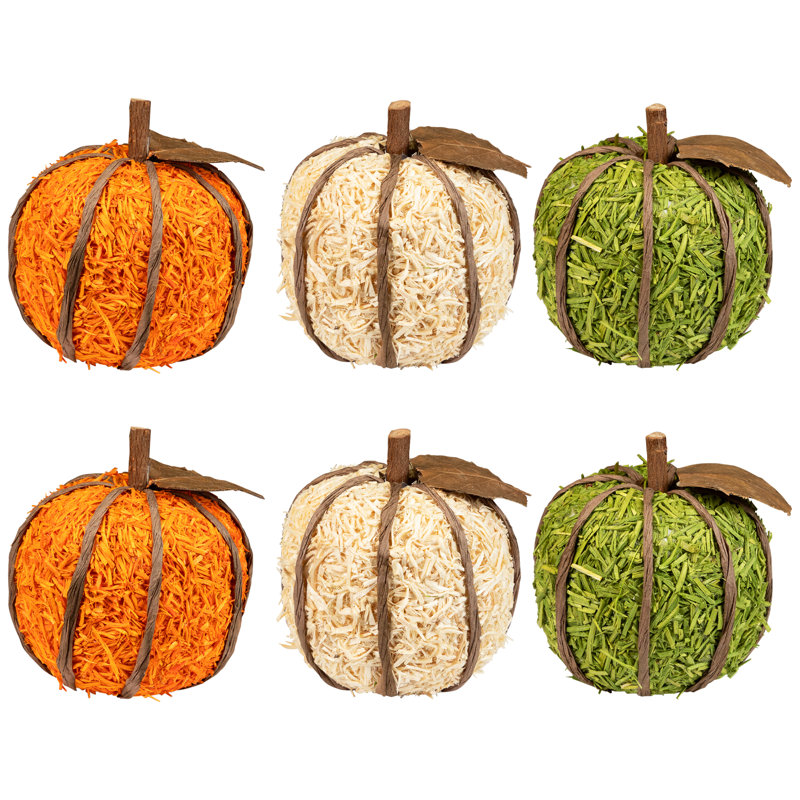 Décorations de récolte d'automne texturée en bois déchiqueté - 3,5 po - orange et vert - ensemble de 6